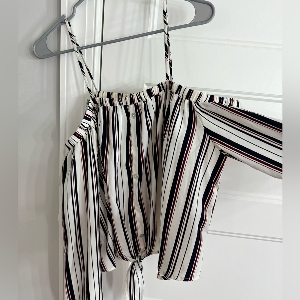 Boutique Stripped Long Sleeve Off the Shoulder Cropped Top